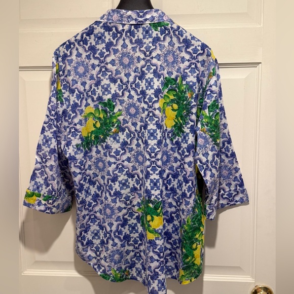 Amtica Santorini EUC Sz L Blue & Yellow Floral Button Embroidered Blouse (0654) - Picture 3 of 11